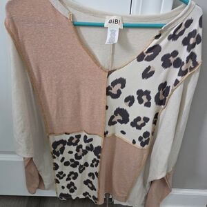 BiBi Women's Leopard Patchwork Long Sleeve Top - Cream and Tan